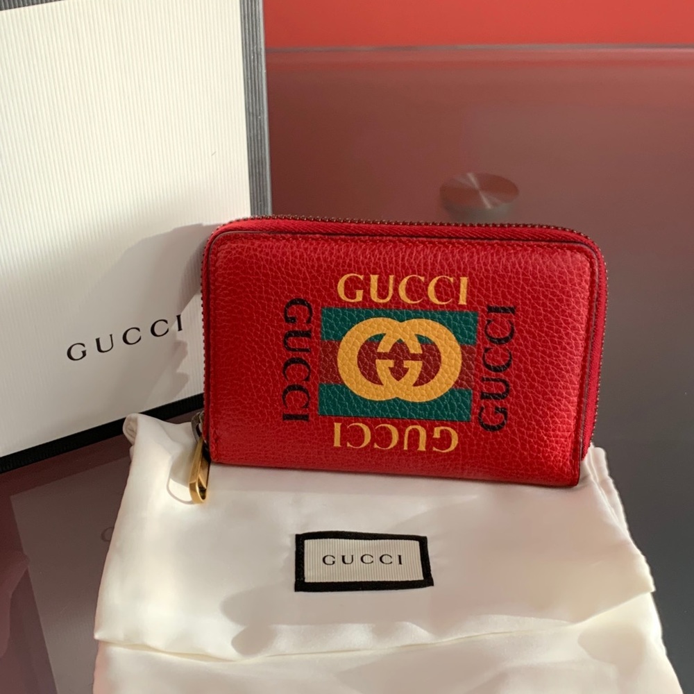 Gucci Print Red Leather Card Case Wallet